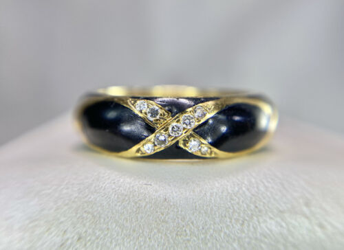 18k Yellow Gold Hidalgo Designer Round Diamond Black Enamel Ring Size 7