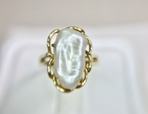 Vintage 14k Yellow Gold Cultured Biwa White Pearl Solitaire Ring