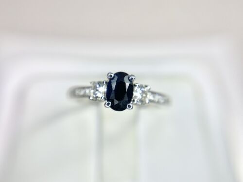 14k White Gold Natural Oval Shape Blue Sapphire Round Diamond Ring