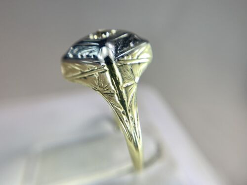 Art Deco 14k Yellow Gold Old European Natural Diamond Engraved Cocktail Ring