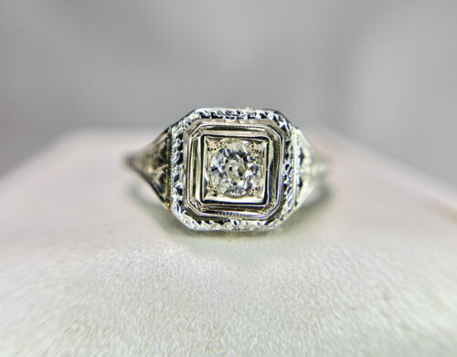 Art Deco 18k White Gold Signed Old European Diamond Filigree Engagement Ring