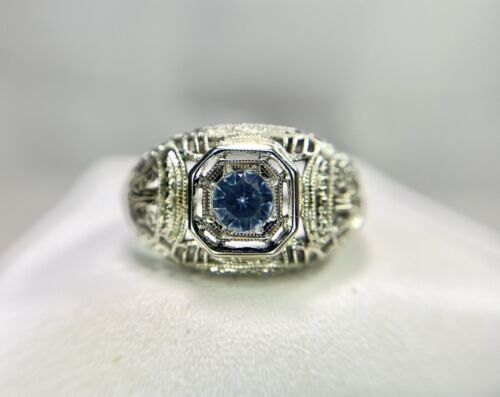 Art Deco 18k White Gold Round Light Blue Topaz Filigree Cocktail Ring