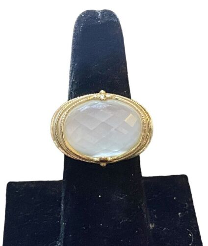 14k Yellow Gold Designer White Ceramic Faceted White Crystal Cocktail Ring