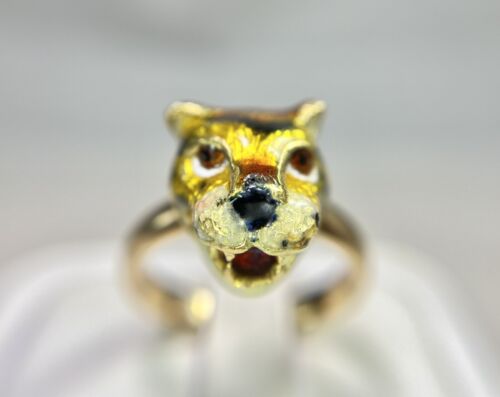 Vintage 14k Rose Gold Signed Designer Tiger Head Enamel Big Cocktail Ring