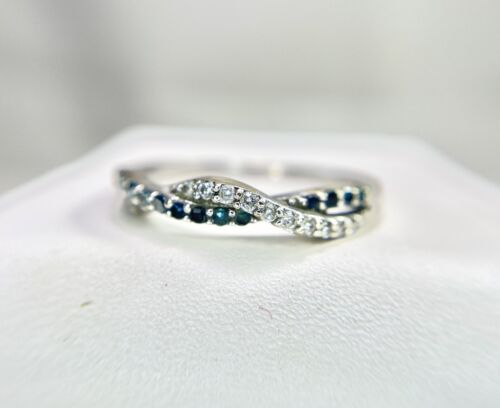 10k White Gold Natural Fancy Blue Color Round Diamond Wedding Band Stack Ring