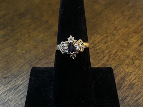 Vintage 10k Yellow Gold Natural Marquise Sapphire Round Diamond Cocktail Ring