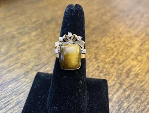 Vintage 10k Yellow Gold Tiger Eye Bezel Set Ribbon Cocktail Ring