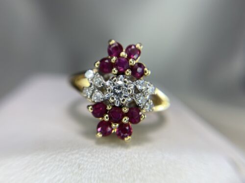 Vintage 14k Yellow Gold Natural Round Diamond Red Ruby Cocktail Ring 3/4 ct