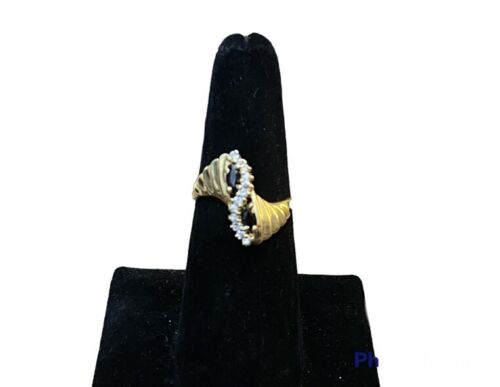 Vintage 14k Yellow Gold Natural Marquise Blue Sapphire Round Diamond Bypass Ring