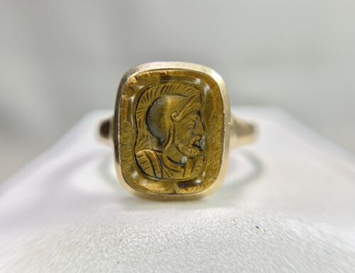 Victorian 10k Rose Gold Hand Carved Tiger Eye Intaglio Ring