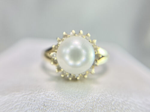 Vintage 14k Yellow Gold White Round Pearl Single Cut Diamond Halo Ring