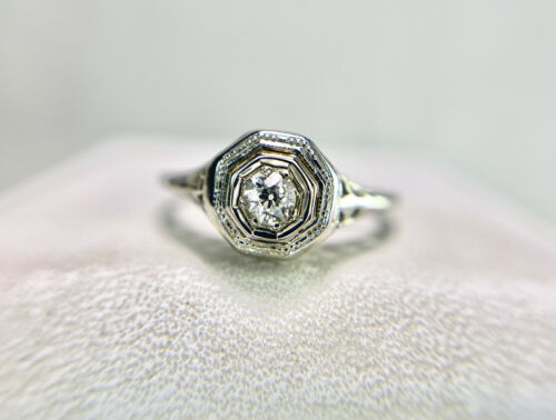 Vintage Art Deco 18k White Gold Old European Diamond Filigree Engagement Ring