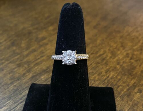 10k White Gold Round Brilliant Natural Diamond Cluster Style Engagement Ring