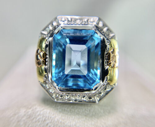 Vintage Art Deco 14k White Gold Emerald Cut Blue Topaz Filigree Cocktail Ring