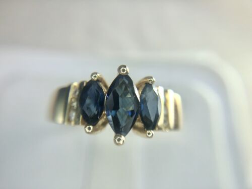 Vintage 14k Yellow Gold Natural Marquise Blue Sapphire Round Diamond Ring 