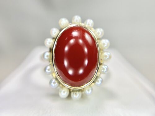 Vintage 14k Yellow Gold Oval Red Coral Round White Pearl Big Cocktail Ring