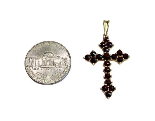 Vintage 14k Yellow Gold Natural Round Rhodolite Garnet Cross Pendant