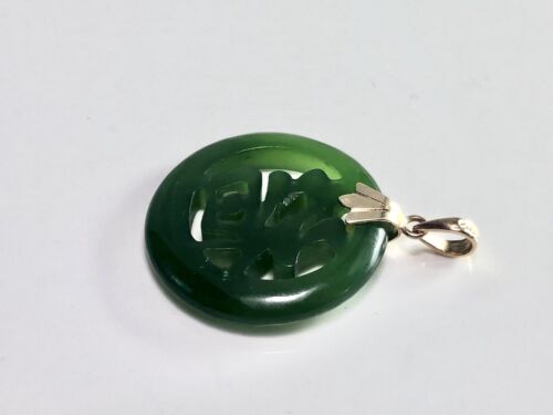 18k Yellow Gold Round Dark Green Jade Chinese Letter Symbol Pendant