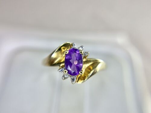 Vintage 10k Yellow Gold Oval Purple Amethyst Round Diamond By-Pass Ring