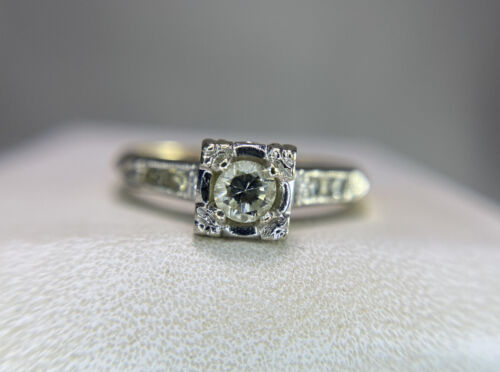 Vintage Antique 14k Yellow Gold Round Natural Diamond Engagement Ring 1/5 ct