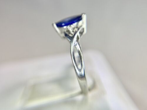 Vintage 10k White Gold Marquise Lab Created Blue Sapphire Round Diamond Ring