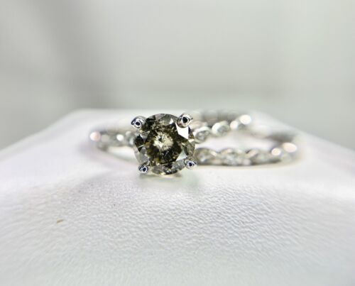 14k White Gold Natural Round Rustic Brown Diamond Wedding Engagement Ring Set