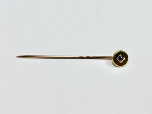 Vintage Art Deco 18k Yellow Gold Natural Small Round Blue Sapphire Stick Pin