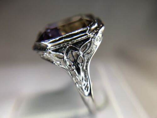 Art Deco 14k White Gold Emerald Cut Natural Ametrine Filigree Cocktail Ring