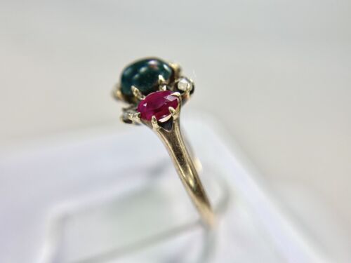 Victorian Vintage 10k Rose Gold Natural Oval Green Gemstone Round Diamond Ring