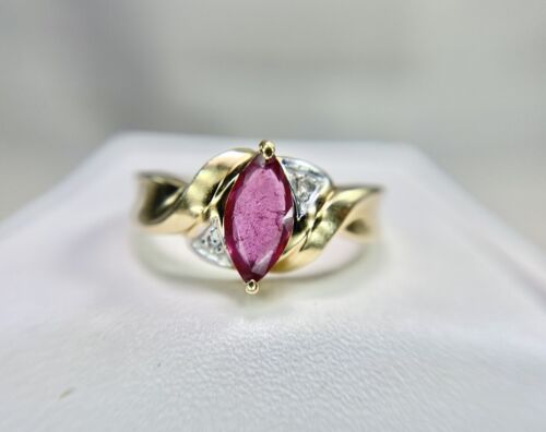 Vintage 10k Yellow Gold Signed Marquise Shape Red Ruby Round Diamond Ring