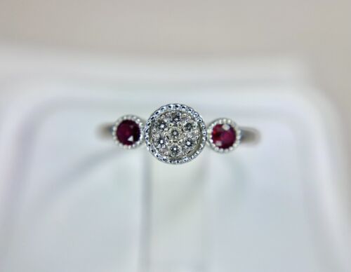 10k White Gold Natural Round Red Ruby Diamond Cluster Engagement Ring