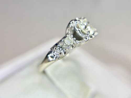 Vintage 14k White Gold Natural Round Brilliant Diamond Engagement Ring 3/4 ct