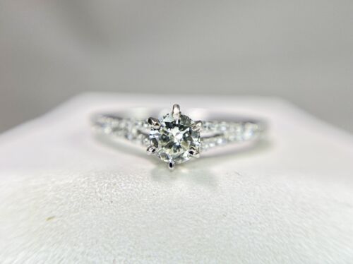 Vintage 14k White Gold Natural Round Brilliant Diamond Classic Engagement Ring