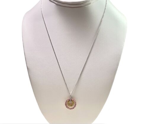 14k White Gold Natural Pink Topaz Round Diamond Circle Pendant Necklace