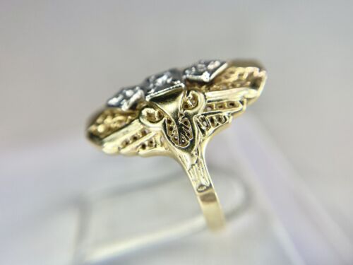 Vintage Art Deco 14k Yellow Gold Natural Round Diamond Filigree Shield Ring