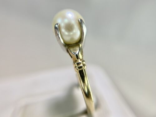 Vintage 14k Yellow Gold Akoya Cultured White Big Round Pearl Solitaire Ring