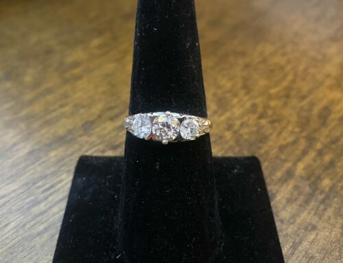 Vintage 14k White Gold Round Old European Diamond Three Stone Engagement Ring