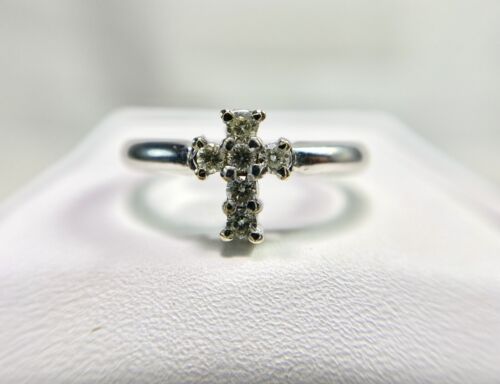 14k White Gold Natural Round Brilliant Diamond Religious Cross Ring