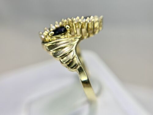 Vintage 14k Yellow Gold Natural Marquise Blue Sapphire Round Diamond Bypass Ring