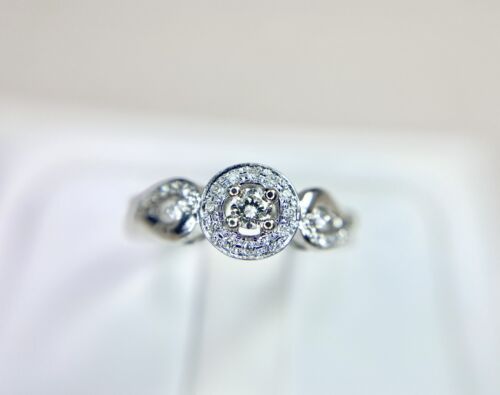 10k White Gold Designer Natural Round Brilliant Diamond Halo Engagement Ring