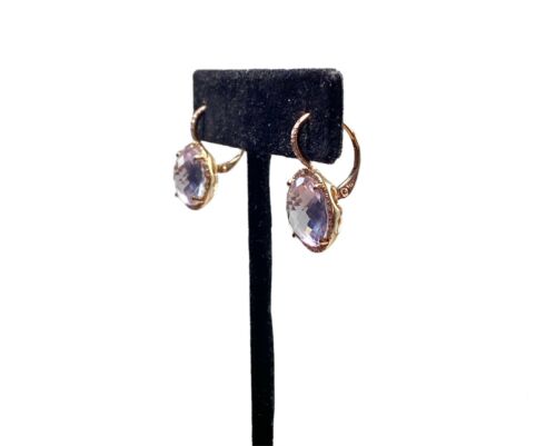 14k Rose Gold Designer Round Purple Amethyst Natural Diamond Halo Earrings