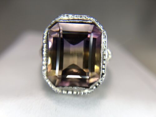 Art Deco 14k White Gold Emerald Cut Natural Ametrine Filigree Cocktail Ring