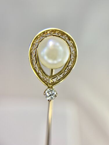 Art Deco 14k Yellow Gold Round White Pearl Old European Diamond Stick Pin