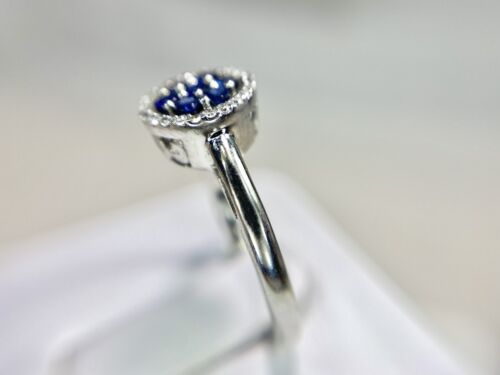 10k White Gold Designer Natural Round Blue Sapphire Diamond Halo Cocktail Ring