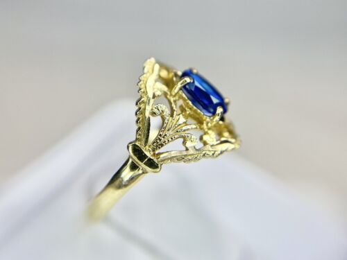 Vintage 14k Yellow Gold Oval Lab Created Blue Sapphire Filigree Cocktail Ring