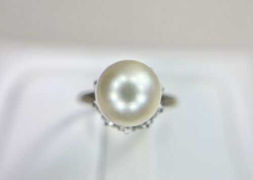 Art Deco 14k Yellow Gold Old European Diamond Round White Pearl Filigree Ring