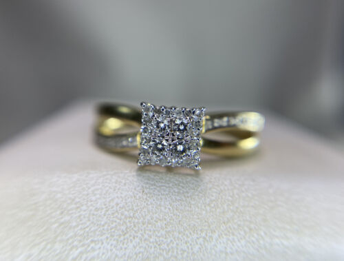 10k Yellow Gold Round Brilliant Diamond Square Cluster Halo Engagement Ring