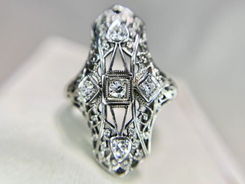 Art Deco 18k White Gold Natural Round Diamond Filigree Shield Cocktail Ring