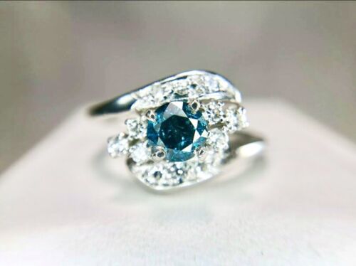 Vintage 14k White Gold Fancy Blue Color Diamond Engagement Ring 1.00 ct