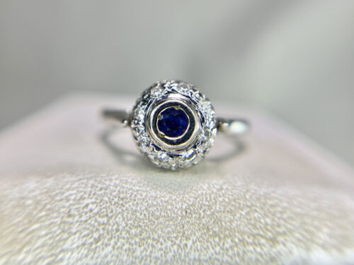 Vintage 14k White Gold Round Brilliant Diamond Blue Sapphire Dome Cocktail Ring